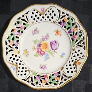 Schumann Bavaria Dresden Floral Porcelain Reticulated Plate with Gold Trim